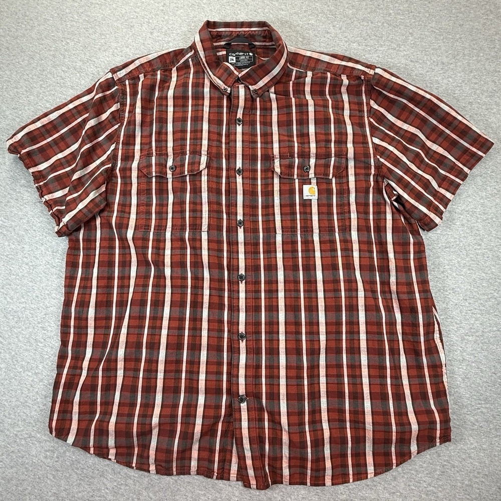 Carhartt Mens TW4625-M Loose Fit Midweight Plaid Short Sleeve Shirt Red 2XL